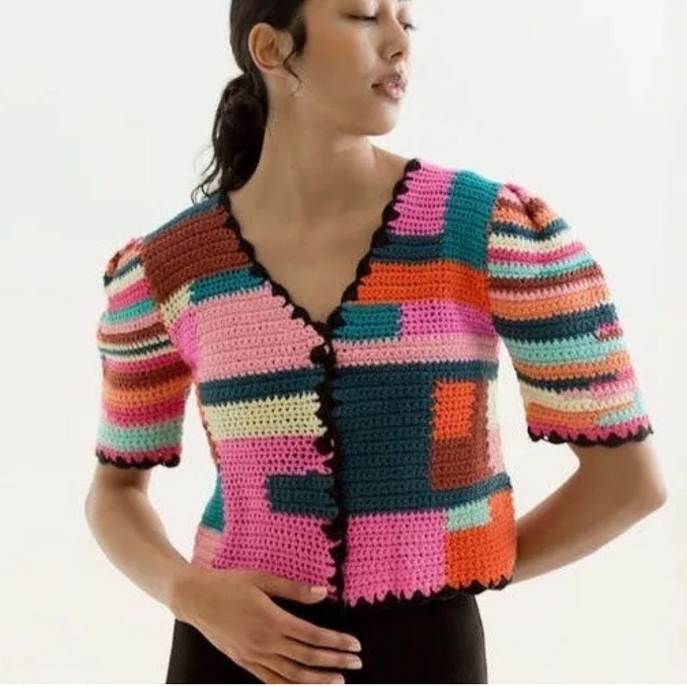 🌻 TACH Tini Colorful Boho Crochet Cropped Cardigan Size Small